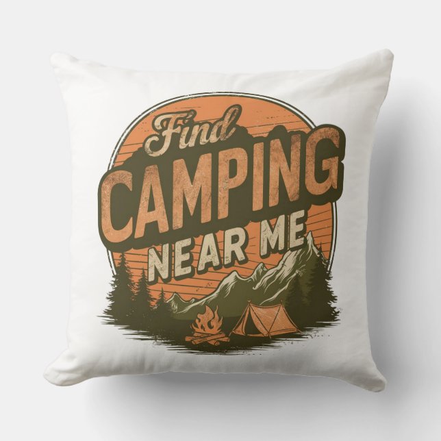 Find Camping Near Me – Retro Camping Throw Pillow (Front)