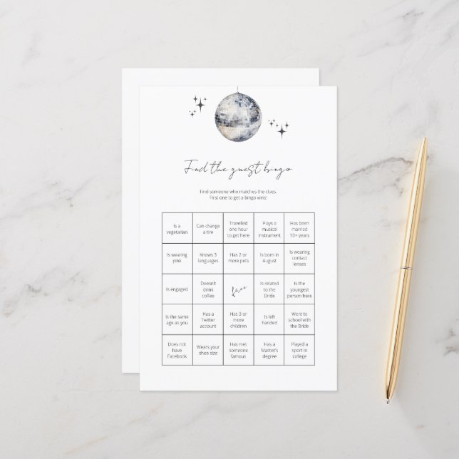 Find Guest Bingo Disco Ball Bridal Shower Game (Front/Back In Situ)