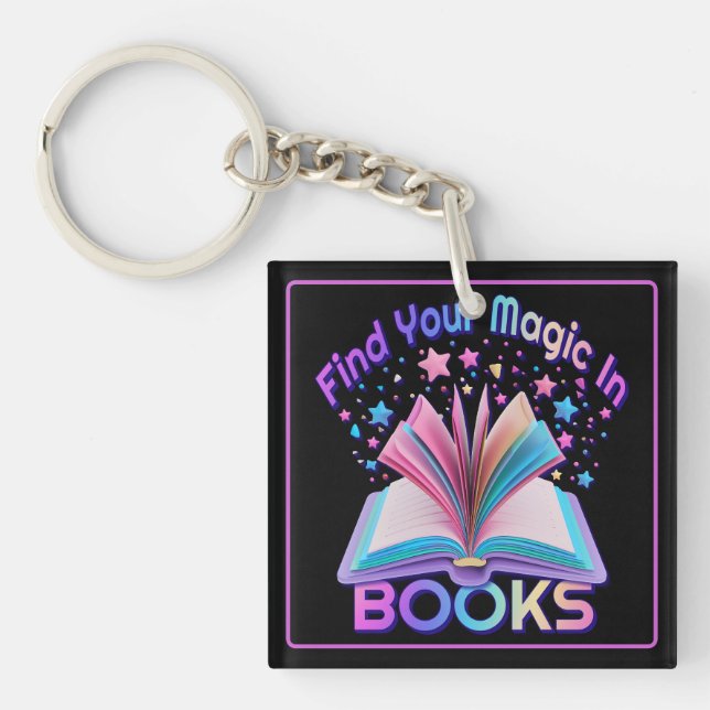 Find Magic In Books Black And White Key Ring (Front)