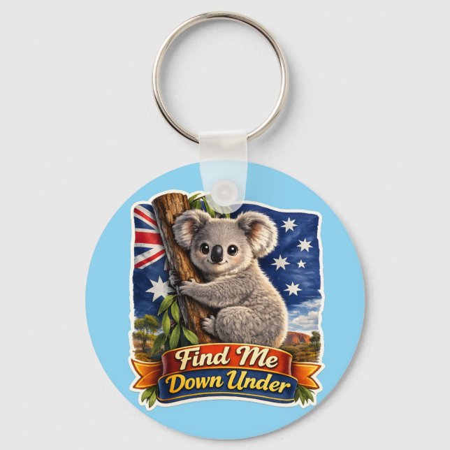 Find Me Down Under – Cute Koala Hugging Tree Key Ring (Front)