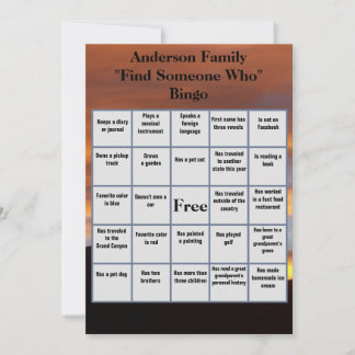 Find Someone Who Bingo | Family Reunion Sunset Invitation