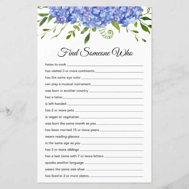 Find Someone Who Paper Sheet (Front)