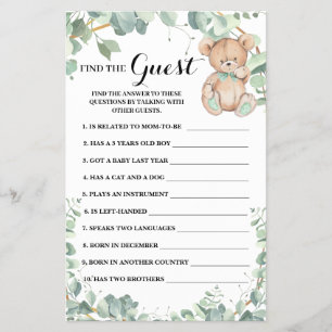 Find the Guest Bear Greenery Baby Shower Game Card