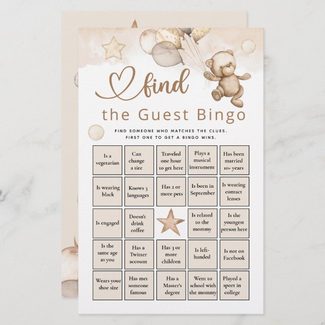 Find The Guest Bingo Baby Bear Baby Shower Game (Front/Back)