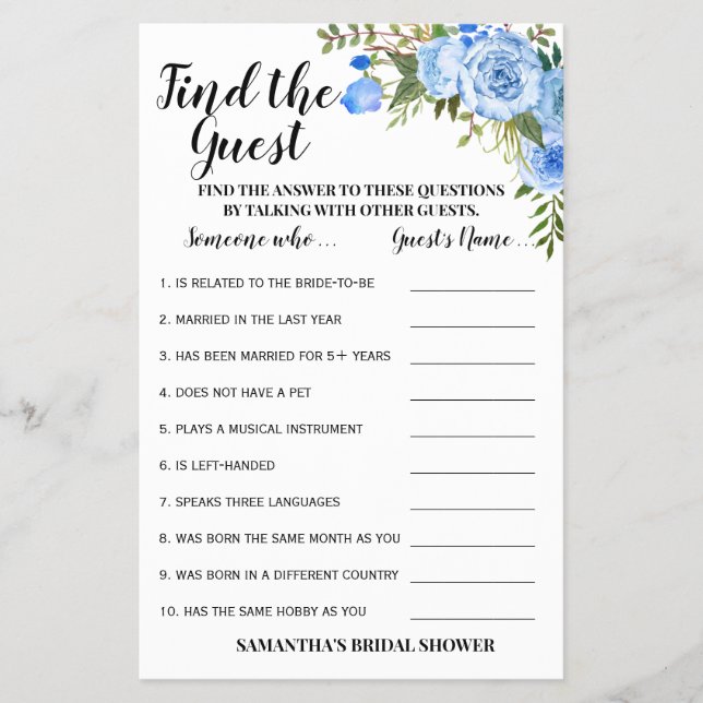 Find the Guest Blue Bridal Shower Game Card (Front)