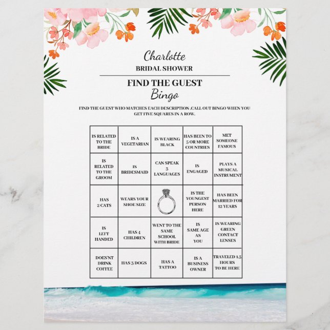 Find The Guest Bridal Shower Bingo Beach Theme Flyer (Front)