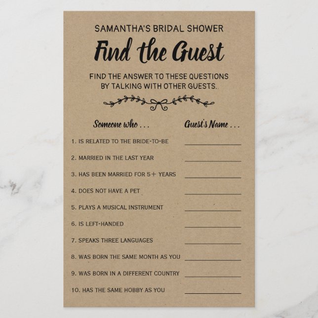 Find the guest english spanish bridal shower game (Front)