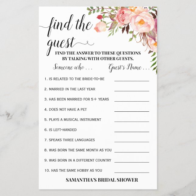Find the Guest Pink Bridal Shower Game Card (Front)