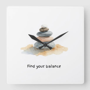 Find Your Balance Watercolour Zen Pebble Stack Square Wall Clock