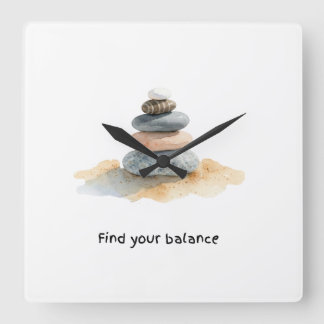Find Your Balance Watercolour Zen Pebble Stack Square Wall Clock