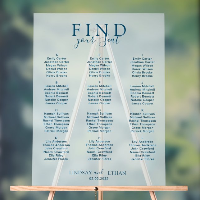 Find Your Seat! Elegant Blue Transparent Wedding Acrylic Sign (Neutral)