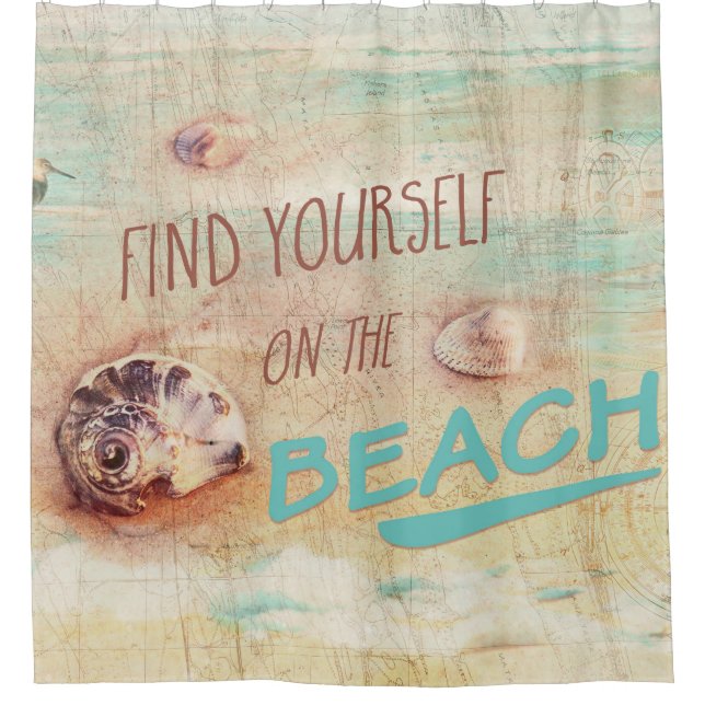 Find yourself on the beach aqua shell collage shower curtain (Front)