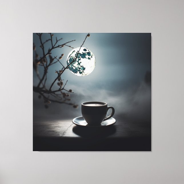 Finding winter tranquillity with coffee and moon. canvas print (Front)