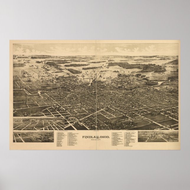 Findlay Ohio 1889 Antique Panoramic Map Poster (Front)