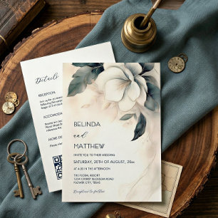 Fine Art 3D Flower Ivory Blue All-In-One Invitation
