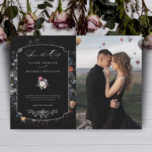 Fine Art Black Floral Calligraphy/Photo Save The Date (Creator Uploaded)