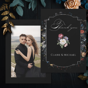 Fine Art Black Floral Calligraphy Photo Thank You Card