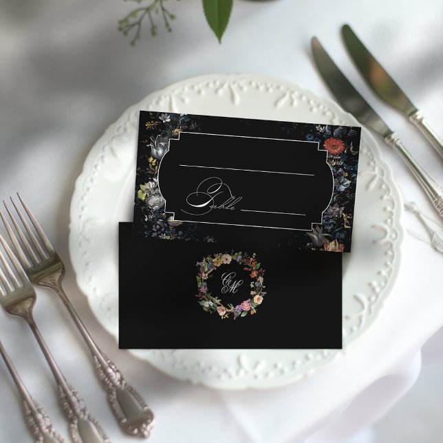 Fine Art Black Floral Calligraphy Place Card (Creator Uploaded)