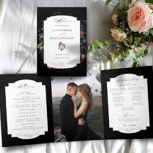 Fine Art Black Floral Calligraphy Tri-Fold Programme