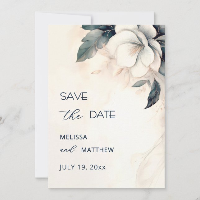 Fine Art Blue Ivory Flower Save The Date (Front)