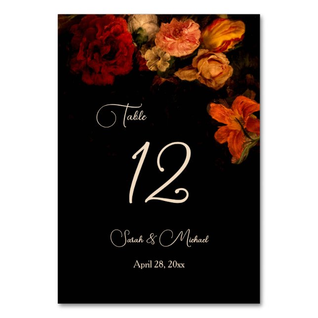 Fine Art Dark Moody Floral Wedding   Table Number (Front)