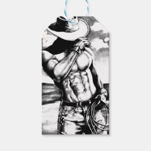 Fine art drawing handsome Cowboy Body Builder Gift Tags