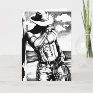 Fine art drawing handsome Cowboy Body Builder Holiday Card