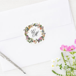 Fine Art Floral Wreath Monogram Classic Round Sticker