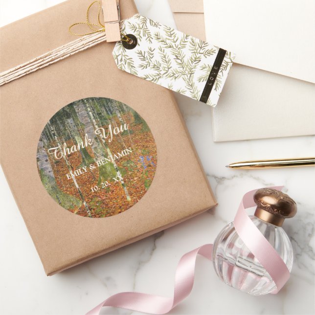 Fine Art Gustav Klimt Forest Nature Wedding Thank  Classic Round Sticker (Gifting)