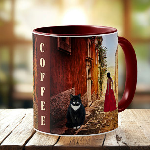 Fine Art Lady in Red Cute Cat Italian Mug