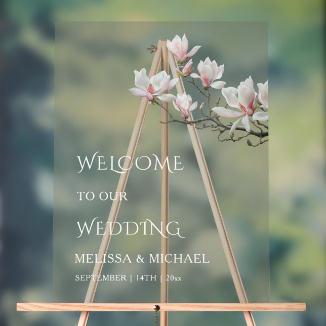 Fine Art Magnolia Transparent Wedding Welcome Acrylic Sign (Neutral)