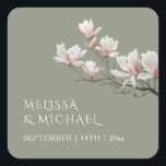 Fine Art Magnolia Wedding  Square Sticker<br><div class="desc">Fine art magnolia sage green wedding sticker with bride and groom names and your wedding date.</div>