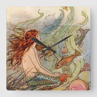 Fine Art Mermaid Ilustration Poster Square Wall Clock