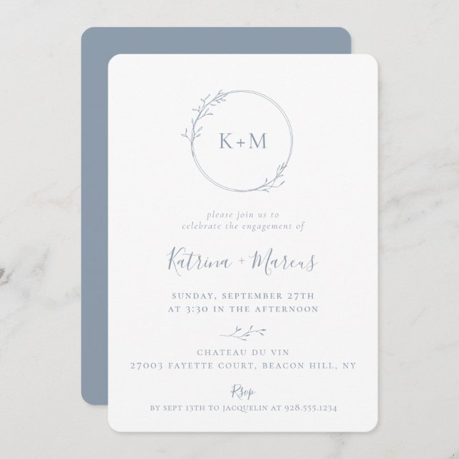 Fine Art Monogram Dusty Blue Engagement Party Invitation (Front/Back)