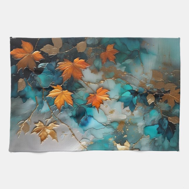 Fine art painted fall leaves tea towel (Horizontal)