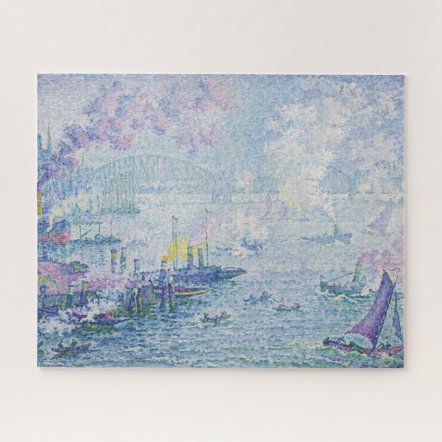 Fine Art Painting Sea Port Ships Bridge Light Blue Jigsaw Puzzle (Horizontal)