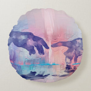 Fine art painting, surrealistic hand painted hands round cushion