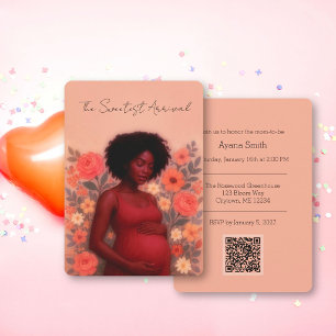 Fine Art Peach Floral Black Baby Shower QR Code Invitation