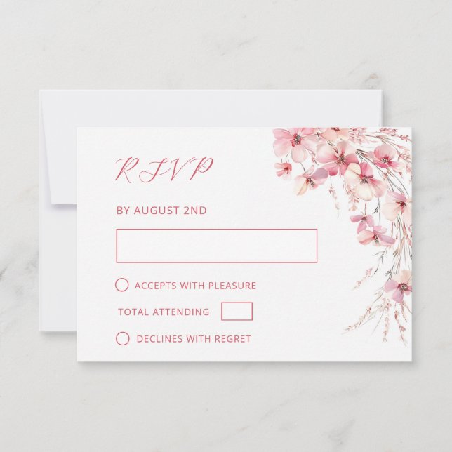 Fine Art Pink Boho Floral Wedding RSVP Card (Front)