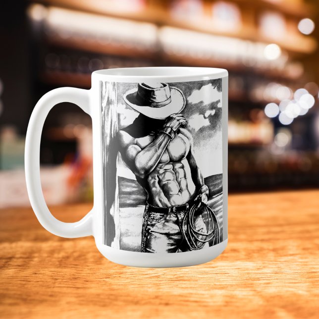 Fine Art, Rugged Cowboy Charcoal Sketch Cool  Coffee Mug (The handsome cowboy coffee mug fits with all kinds of settings.)