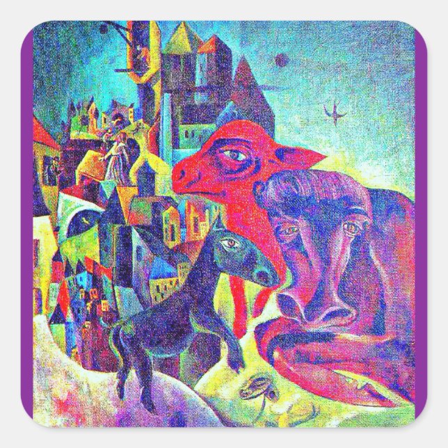 Fine Art sticker,Ernst, The  City with Animals, Square Sticker (Front)