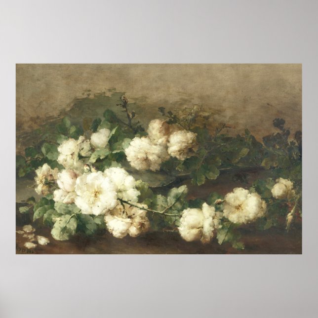Fine Art Vintage White Roses Oil Painting Poster (Front)
