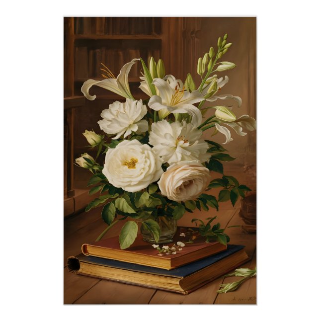 Fine Art Vintage White Roses Oil Painting Poster (Front)