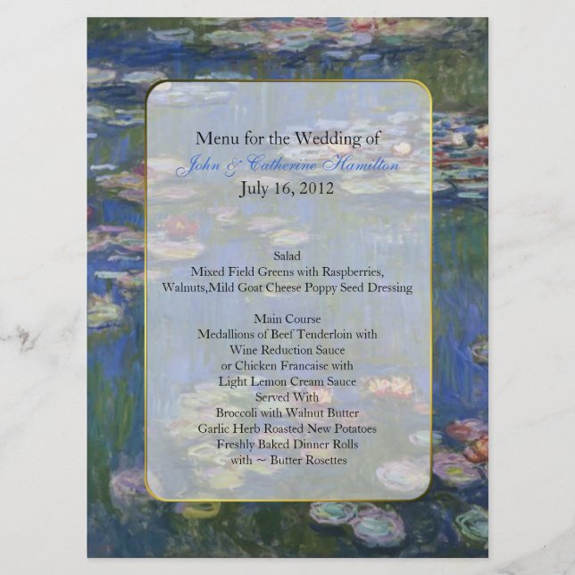 Fine Art Water Lilies Wedding Table Menu (Front)