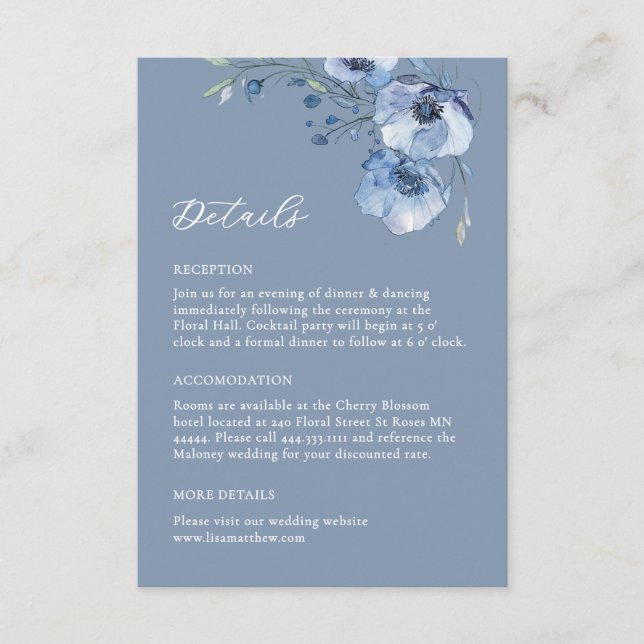 Fine Art Watercolor Blue Floral Details Enclosure Card (Front)