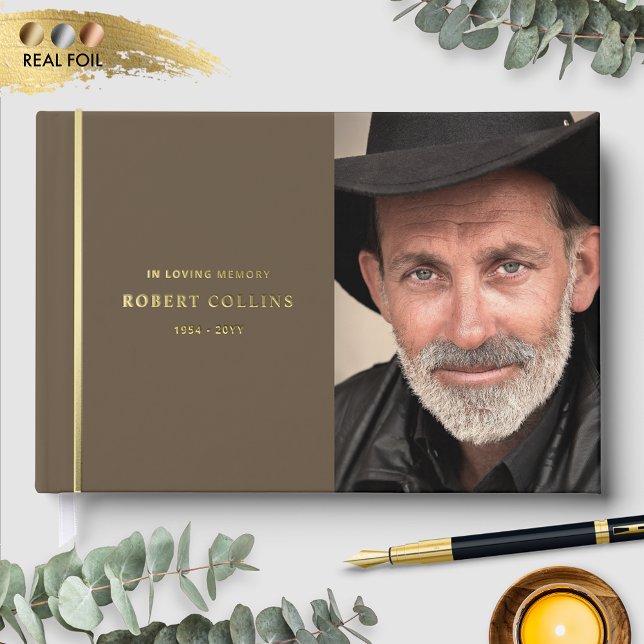 Fine Brown and Real Foil, In Loving Memory Funeral Guest Book (Creator Uploaded)