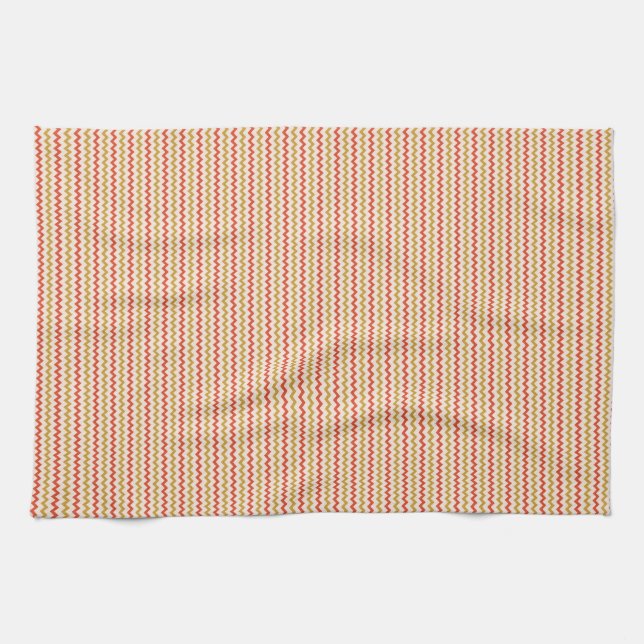 Fine chevron zigzag ochre red pink tea towel (Horizontal)