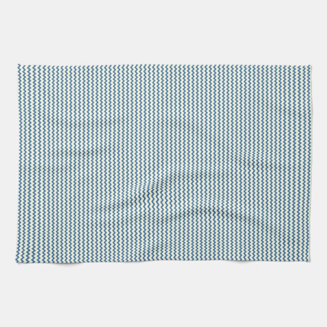 Fine chevron zigzag pattern denim blue and cream tea towel (Horizontal)