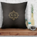 Fine Filigree Gold Wedding ID871 Cushion<br><div class="desc">Delicate filigree frames, borders and ornaments, textured in faux gold foil, decorate the pieces of this elegant wedding suite. This simple but elegant throw pillow features a scrollwork frame to hold your initials and wedding date. Choose any background colour or leave the warm charcoal, textured-effect we've supplied. Add your initials...</div>