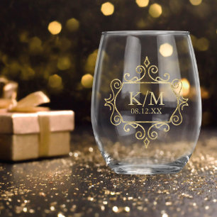 Fine Filigree Gold Wedding Initials ID871 Stemless Wine Glass